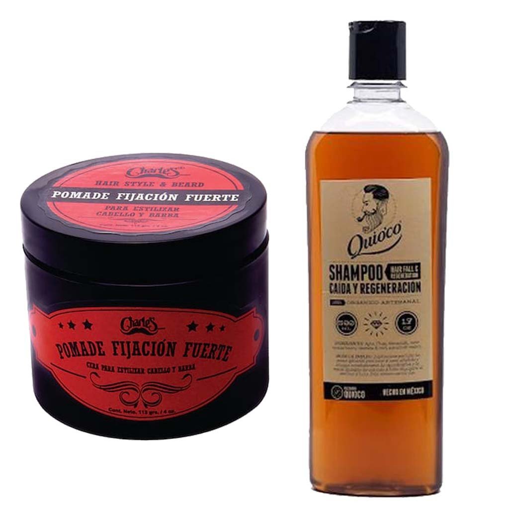 SoyMacho - Kit Shampoo Quio'co Manzanilla + Pomada Charle's Fijación Fuerte - SoyMacho.com